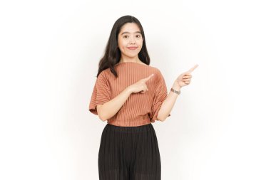 Beyaz arka planda tecrit edilmiş Güzel Asyalı Kadın 'ın Ürün ve İşaret Tarafı