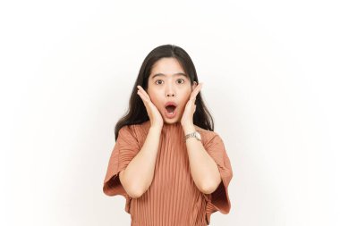 Beyaz arka planda tecrit edilmiş Güzel Asyalı Kadın İfadesi