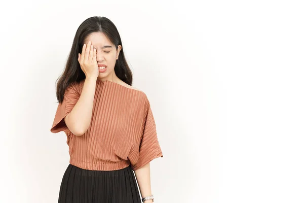 Leiden Kopfschmerzen Der Schönen Asiatischen Frau Isoliert Auf Weißem Hintergrund — Stockfoto