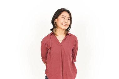 Beyaz arka planda tecrit edilmiş Güzel Asyalı Kadın 'ın Gülümsemesi ve Bakışı