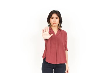 Beyaz arka planda tecrit edilmiş Güzel Asyalı Kadın 'ın Reddedilmiş El Hareketi