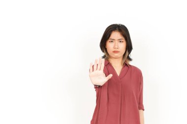 Beyaz arka planda tecrit edilmiş Güzel Asyalı Kadın 'ın Reddedilmiş El Hareketi