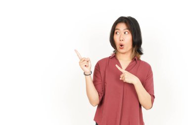 Beyaz arka planda tecrit edilmiş Güzel Asyalı Kadın 'ın Ürün ve İşaret Tarafı