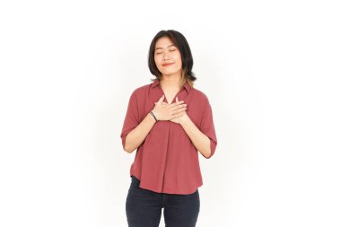 Beyaz arka planda tecrit edilmiş Asyalı Güzel Kadın 'ın Minnettar ve Kendine Sevgi Hareketi