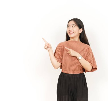 Beyaz arka planda tecrit edilmiş Güzel Asyalı Kadın 'ın Ürün ve İşaret Tarafı