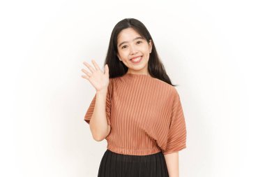 Selam, Beyaz Arkaplanda İzole Edilmiş Güzel Asyalı Kadın 'a Selamlar veya El sallama