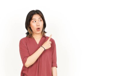 Beyaz arka planda tecrit edilmiş Güzel Asyalı Kadın 'ın Ürün ve İşaret Tarafı