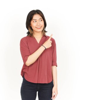 Beyaz arka planda tecrit edilmiş Güzel Asyalı Kadın 'ın Ürün ve İşaret Tarafı