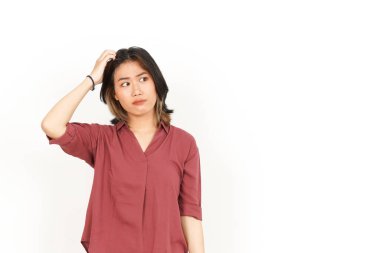 Beyaz arka planda izole edilmiş Güzel Asyalı Kadın 'ın Şaşkın ve Düşünen Hareketi