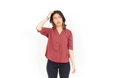 Beyaz arka planda izole edilmiş Güzel Asyalı Kadın 'ın Şaşkın ve Düşünen Hareketi