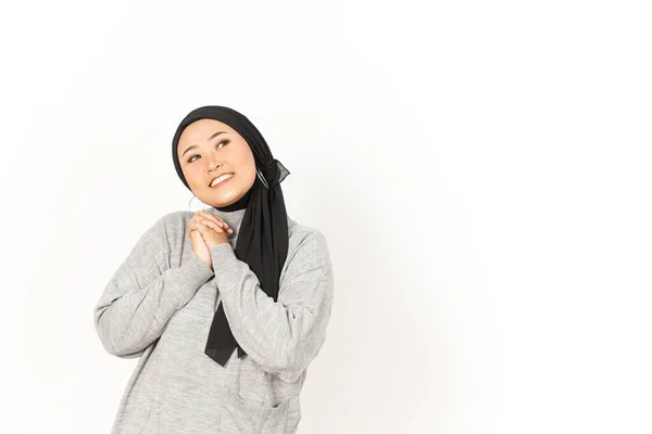 Gelukkig Van Mooi Aziatisch Vrouw Dragen Hidjab Geïsoleerd Wit Achtergrond — Stockfoto