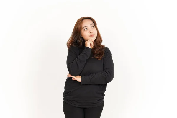 Pensando Gestos Bela Mulher Asiática Vestindo Camisa Preta Isolada Fundo — Fotografia de Stock