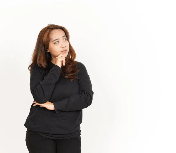 Denken Geste Der Schönen Asiatischen Frau Trägt Schwarzes Hemd Isoliert — Stockfoto