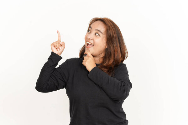 Thinking Gesture Of Beautiful Asian Woman Wearing Black Shirt Isolated On White Background