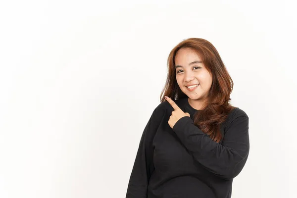 Pointing Aside Beautiful Asian Woman Wearing Black Shirt Isolated White — Stock Photo, Image
