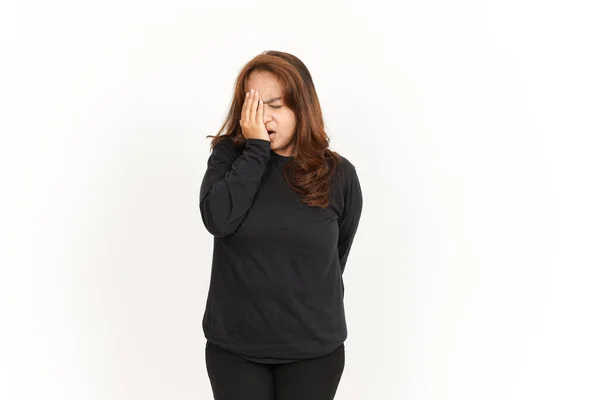 Cefaleia Gesto Bela Mulher Asiática Vestindo Camisa Preta Isolada Fundo — Fotografia de Stock