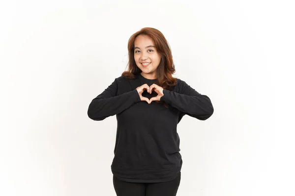Mostrando Amor Coração Sinal Bela Mulher Asiática Vestindo Camisa Preta — Fotografia de Stock
