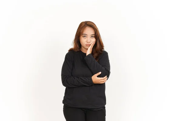 Скучная Жест Красивой Азиатской Женщины Черной Рубашке Изолированы Белом Фоне — стоковое фото