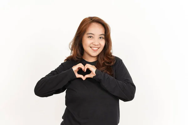 Mostrando Amor Coração Sinal Bela Mulher Asiática Vestindo Camisa Preta — Fotografia de Stock