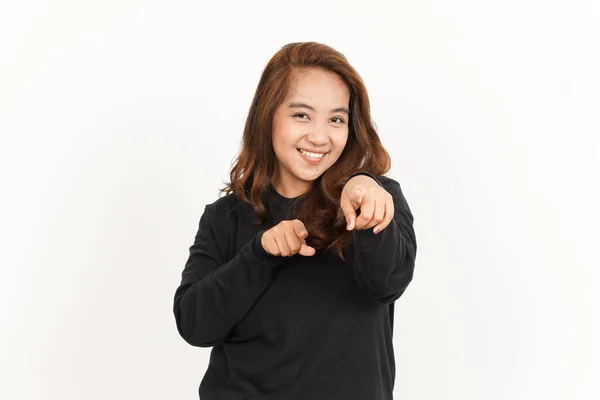 Sorrindo Apontando Para Você Bela Mulher Asiática Vestindo Camisa Preta — Fotografia de Stock