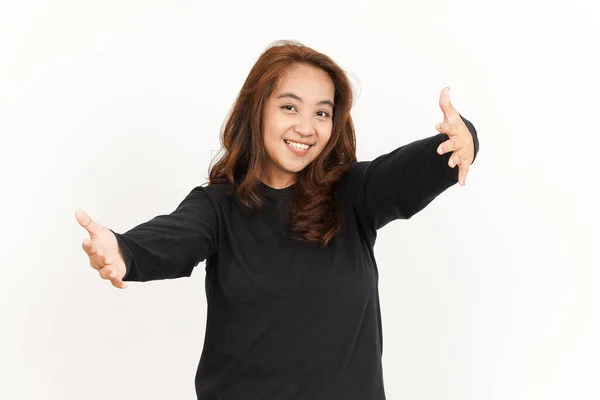 Abraço Bela Mulher Asiática Vestindo Camisa Preta Isolada Fundo Branco — Fotografia de Stock