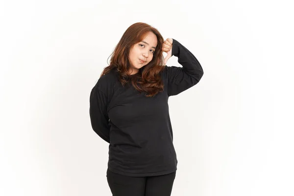 Showing Thumbs Beautiful Asian Woman Wearing Black Shirt Isolated White — Stock Photo, Image