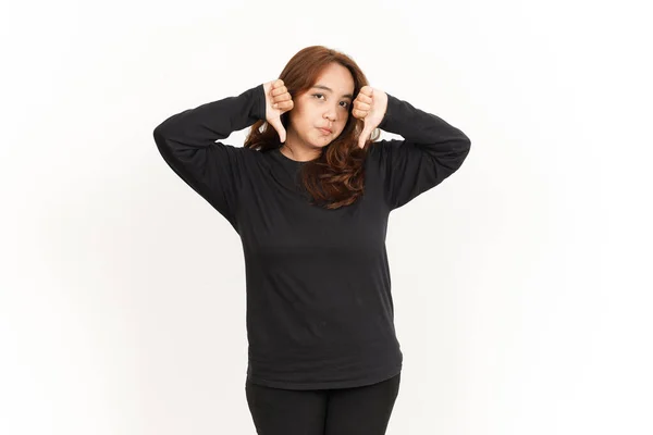 Showing Thumbs Beautiful Asian Woman Wearing Black Shirt Isolated White — Stock Photo, Image