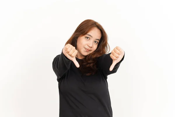 Mostrando Polegares Para Baixo Bela Mulher Asiática Vestindo Camisa Preta — Fotografia de Stock