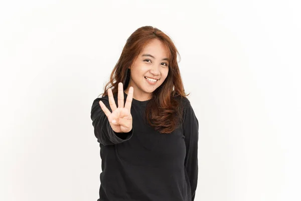 Mostrando Cuatro Dedos Hermosa Mujer Asiática Con Camisa Negra Aislada —  Fotos de Stock