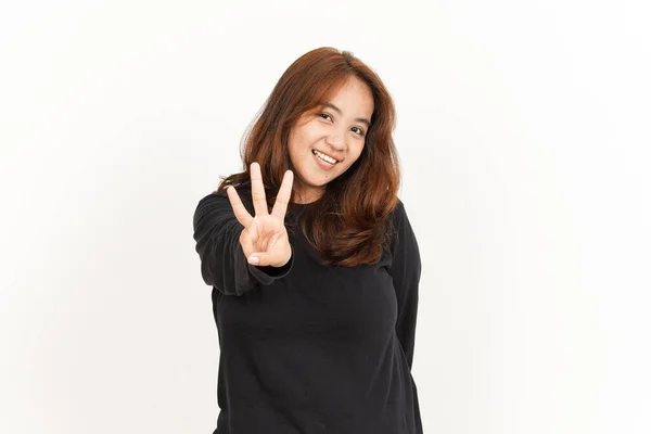 Mostrando Tres Dedo Mujer Asiática Hermosa Usando Camisa Negra Aislada —  Fotos de Stock