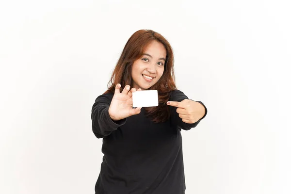 Segurando Mostrando Crédito Branco Cartão Bancário Bela Mulher Asiática Vestindo — Fotografia de Stock