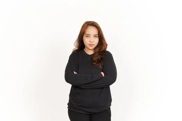 Boos Gezicht Gebaar Van Mooi Aziatisch Vrouw Dragen Zwart Shirt — Stockfoto