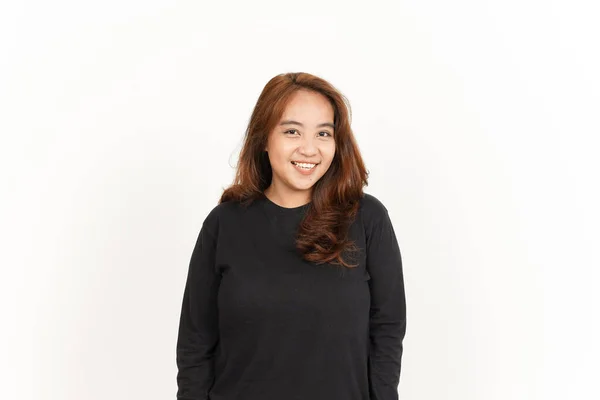 Beyaz Arka Planda Siyah Gömlekli Güzel Bir Asyalı Kadın — Stok fotoğraf
