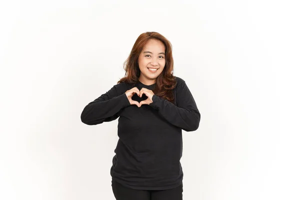 Mostrando Sinal Amor Bela Mulher Asiática Vestindo Camisa Preta Isolada — Fotografia de Stock
