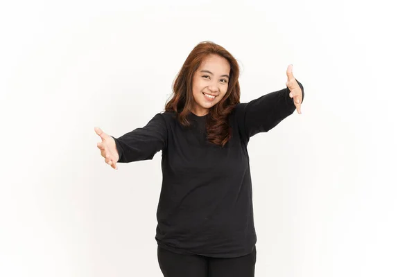Обнимите Распростертыми Объятиями Прекрасную Азиатку Черной Рубашке Изолированной Белом Фоне — стоковое фото
