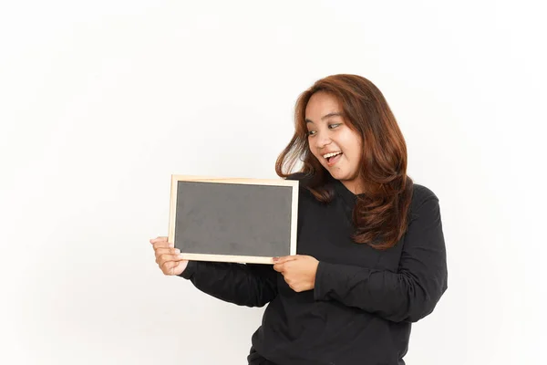 Mostrando Apresentando Segurando Blank Blackboard Bela Mulher Asiática Vestindo Camisa — Fotografia de Stock