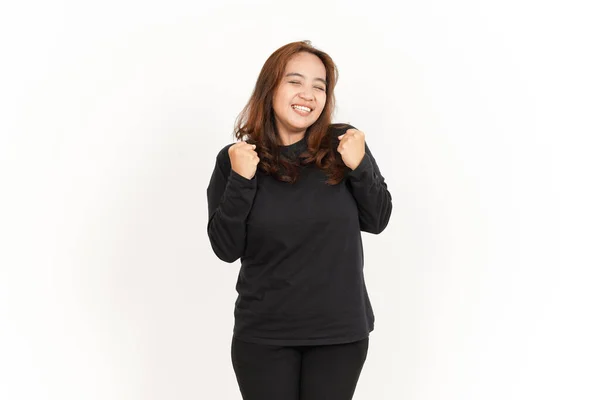 Yes Exited Gesture Beautiful Asian Woman Wearing Black Shirt Isolated — Stock Photo, Image