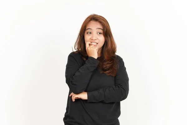 Afraid Nervous Bite Nails Beautiful Asian Woman Wearing Black Shirt — Stock Photo, Image