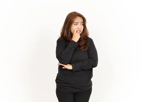 Бояться Нервничать Грызть Ногти Красивой Азиатской Женщины Черной Рубашке Изолированной — стоковое фото