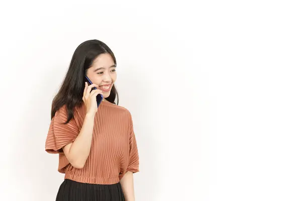 Make Phone Call Using Smartphone Beautiful Asian Woman Isolated White — Stock fotografie
