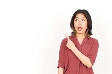 Beyaz arka planda tecrit edilmiş Güzel Asyalı Kadın 'ın Ürün ve İşaret Tarafı