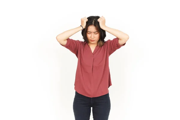 白い背景に隔離された美しいアジアの女性の頭痛 — ストック写真