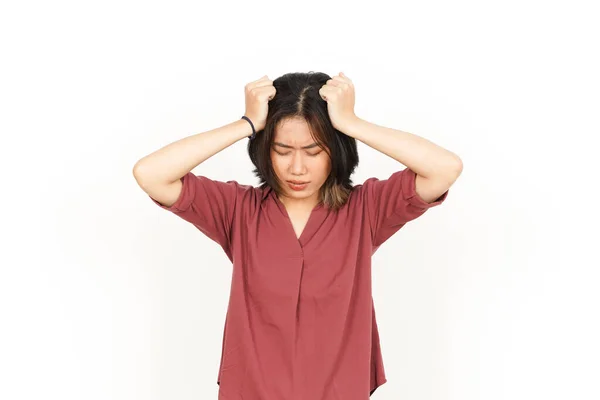 Suffering Headache Beautiful Asian Woman Isolated White Background — Stock Photo, Image