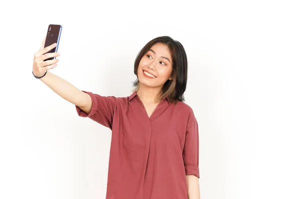 Prendre Selfie Belle Asiatique Femme Isolé Sur Fond Blanc — Photo