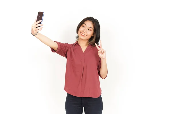 Neem Een Selfie Van Mooi Aziatisch Vrouw Geïsoleerd Witte Achtergrond — Stockfoto