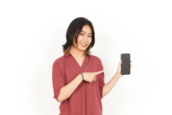 Mostrando Presentando Applicazioni Annunci Schermo Bianco Smartphone Bella Donna Asiatica — Foto Stock