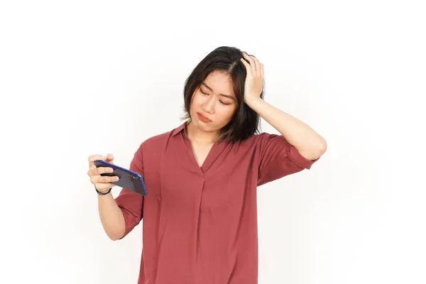 Jogar Jogos Smartphone Com Cara Irritada Para Perder Jogo Bela — Fotografia de Stock