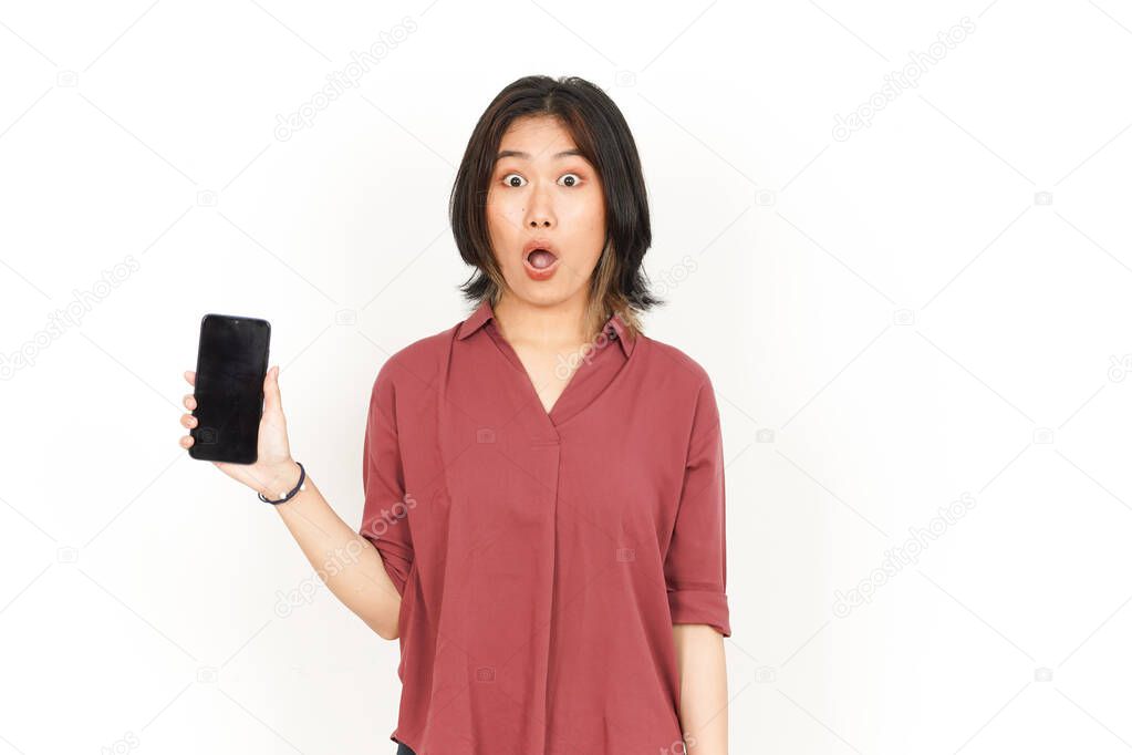 Showing and Presenting Apps or Ads On Blank Screen Smartphone Of Beautiful Asian Woman Isolated On White Background