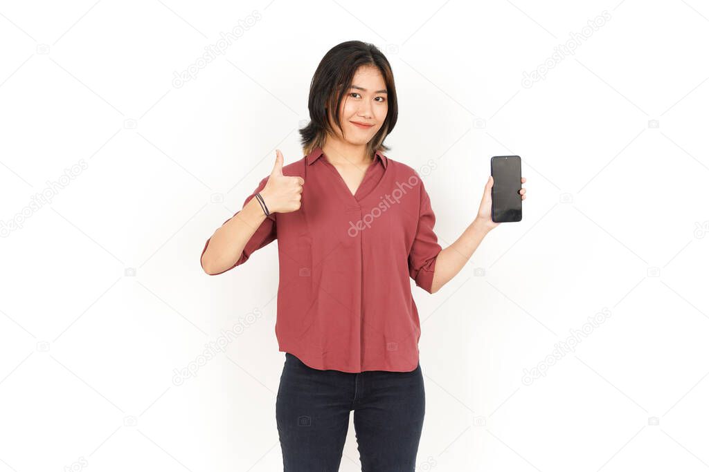 Showing and Presenting Apps or Ads On Blank Screen Smartphone Of Beautiful Asian Woman Isolated On White Background