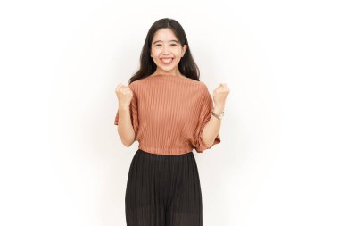 Evet ve Beyaz Arkaplanda İzole Edilmiş Güzel Asyalı Kadının Heyecanlı Hareketi